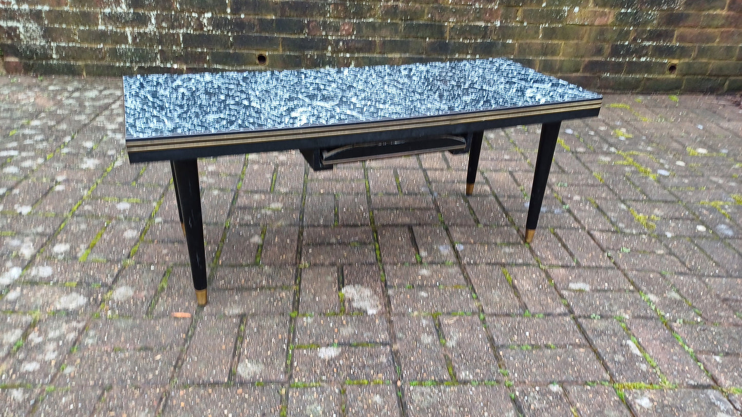 Superb Vintage Formica Coffee Table Formica Top Wooden Black and Brass Legs Unusual Built in Tray.