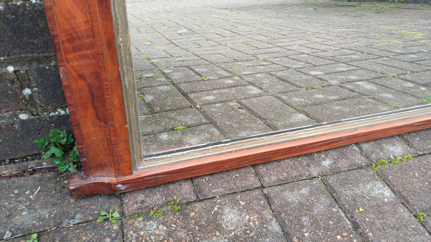Vintage Age Worn Victorian Mahogany Inlaid Wall Mirror Over Mantel Mantle
