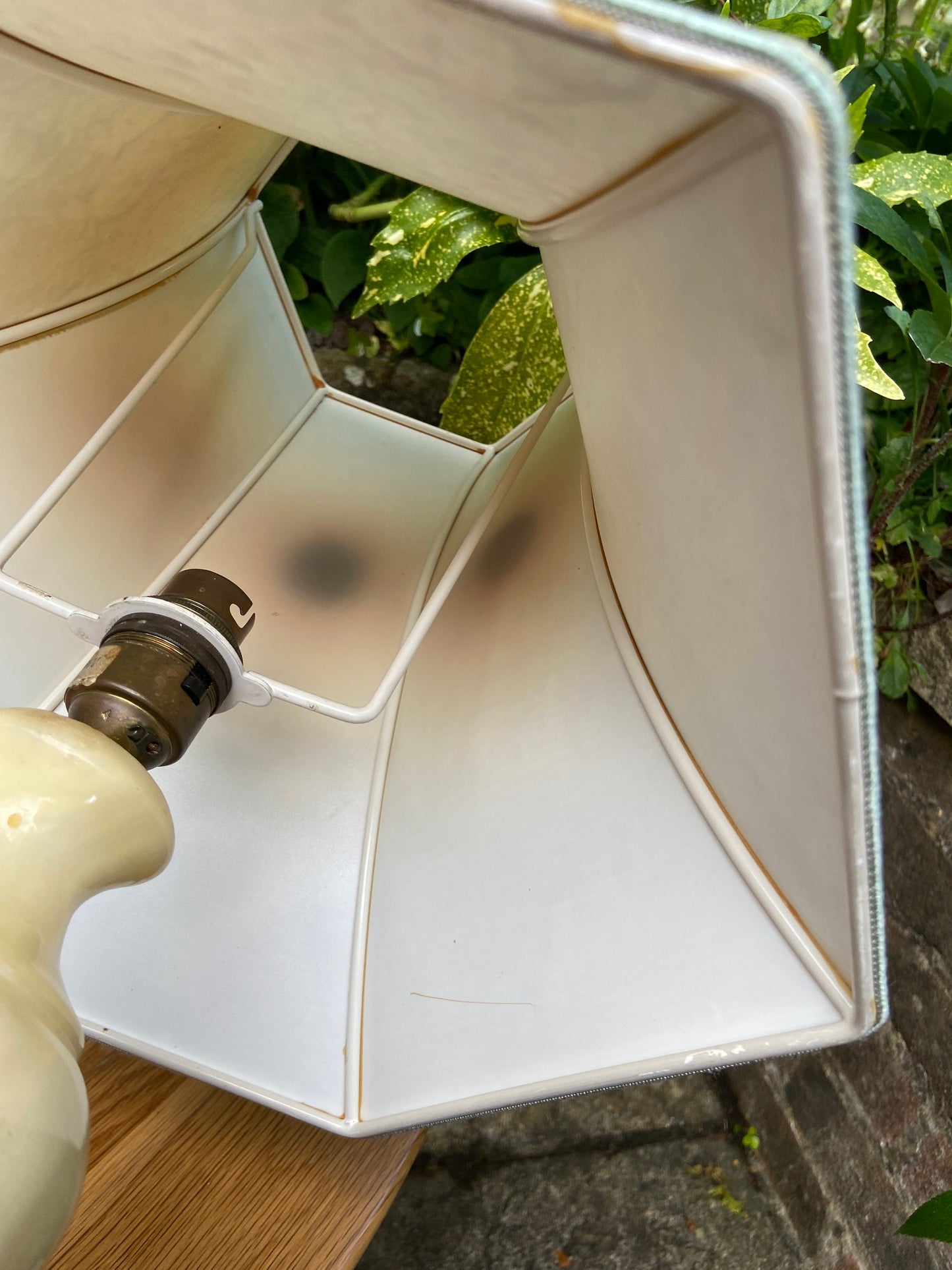 Vintage Charneca Alabaster traditional table lamp (good size) with superb 1980s vintage shade of green, pink & gold dust working table lamp