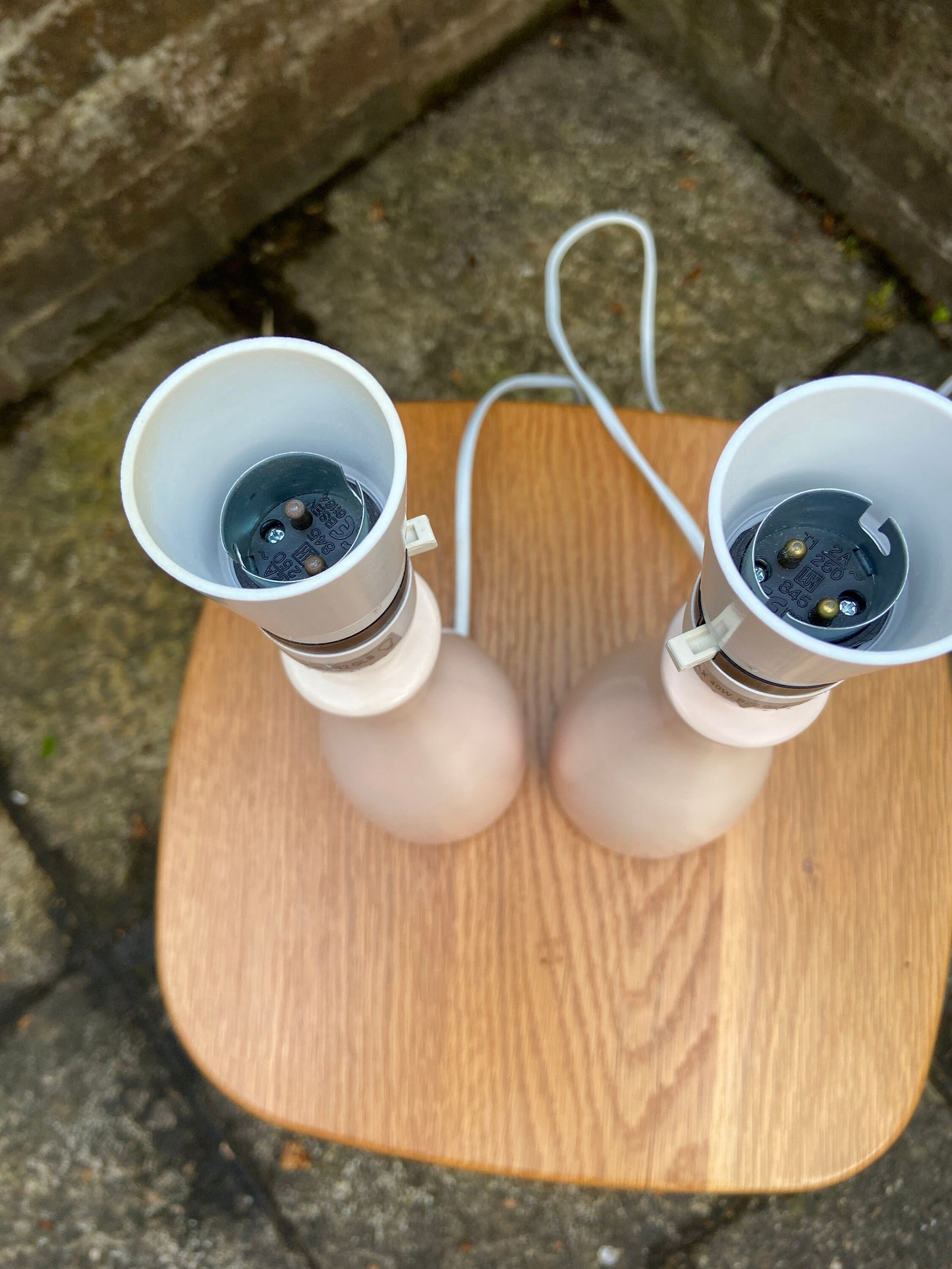 Pair of baby pink, pale pink, retro style bottle shaped lamps, pair table lamps, pair pink lamps, working lamps