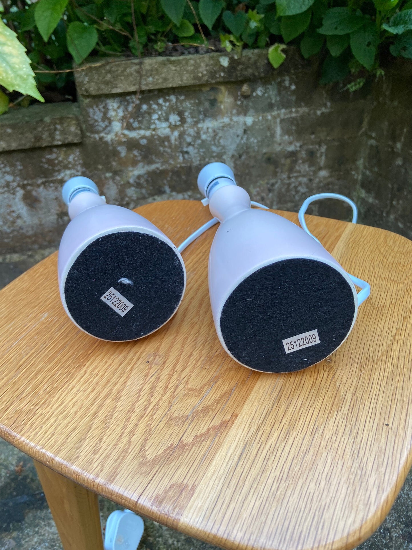 Pair of baby pink, pale pink, retro style bottle shaped lamps, pair table lamps, pair pink lamps, working lamps