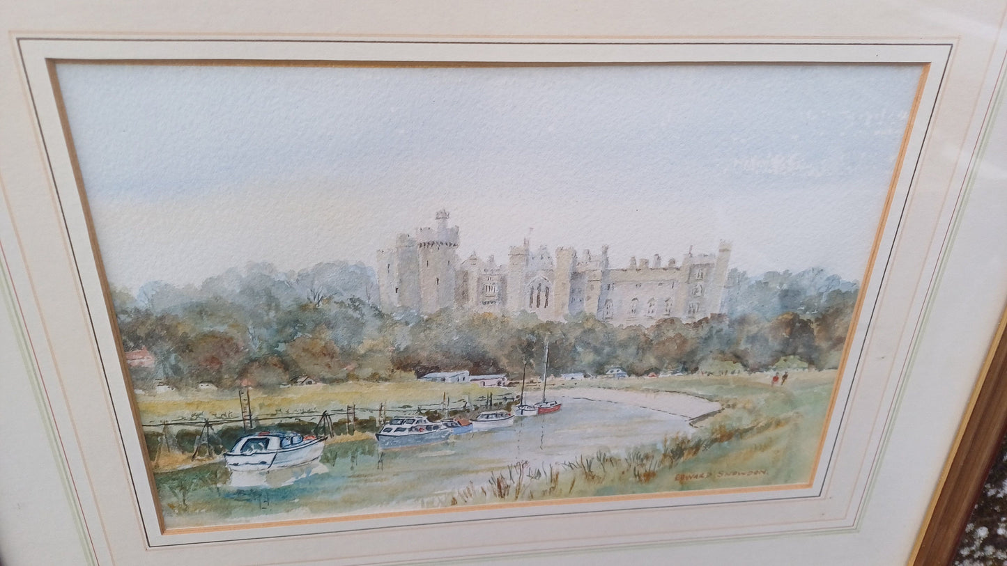 Wonderful vintage original watercolour - English scene, Castle on a river (Edward Snowdon), glazed and framed with mount, ready to hang