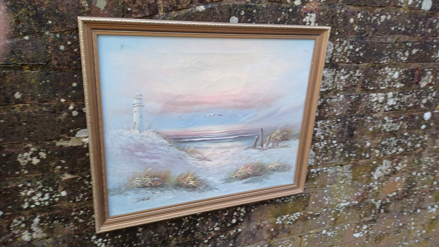 Classic 80s Seascape Vista Lighthouse Oil Painting on Canvas in Gold Frame.
