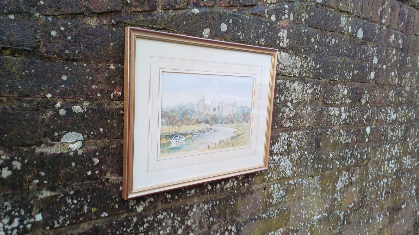 Wonderful vintage original watercolour - English scene, Castle on a river (Edward Snowdon), glazed and framed with mount, ready to hang