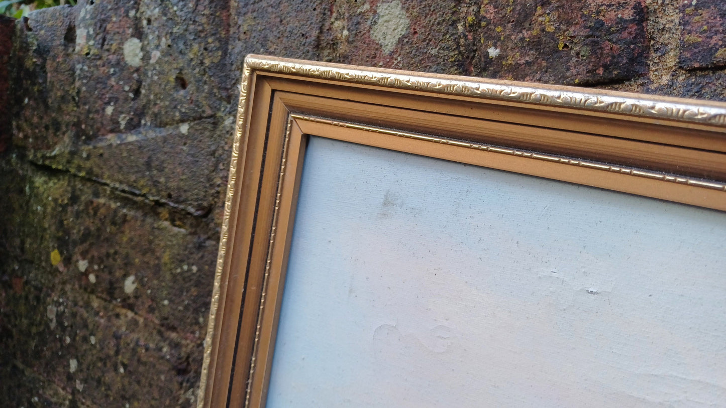 Classic 80s Seascape Vista Lighthouse Oil Painting on Canvas in Gold Frame.