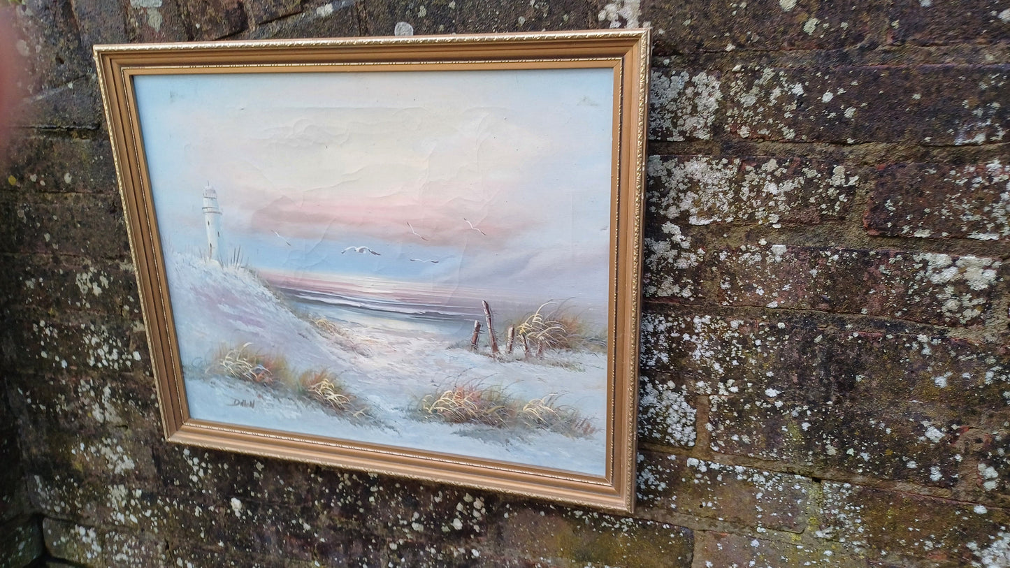 Classic 80s Seascape Vista Lighthouse Oil Painting on Canvas in Gold Frame.