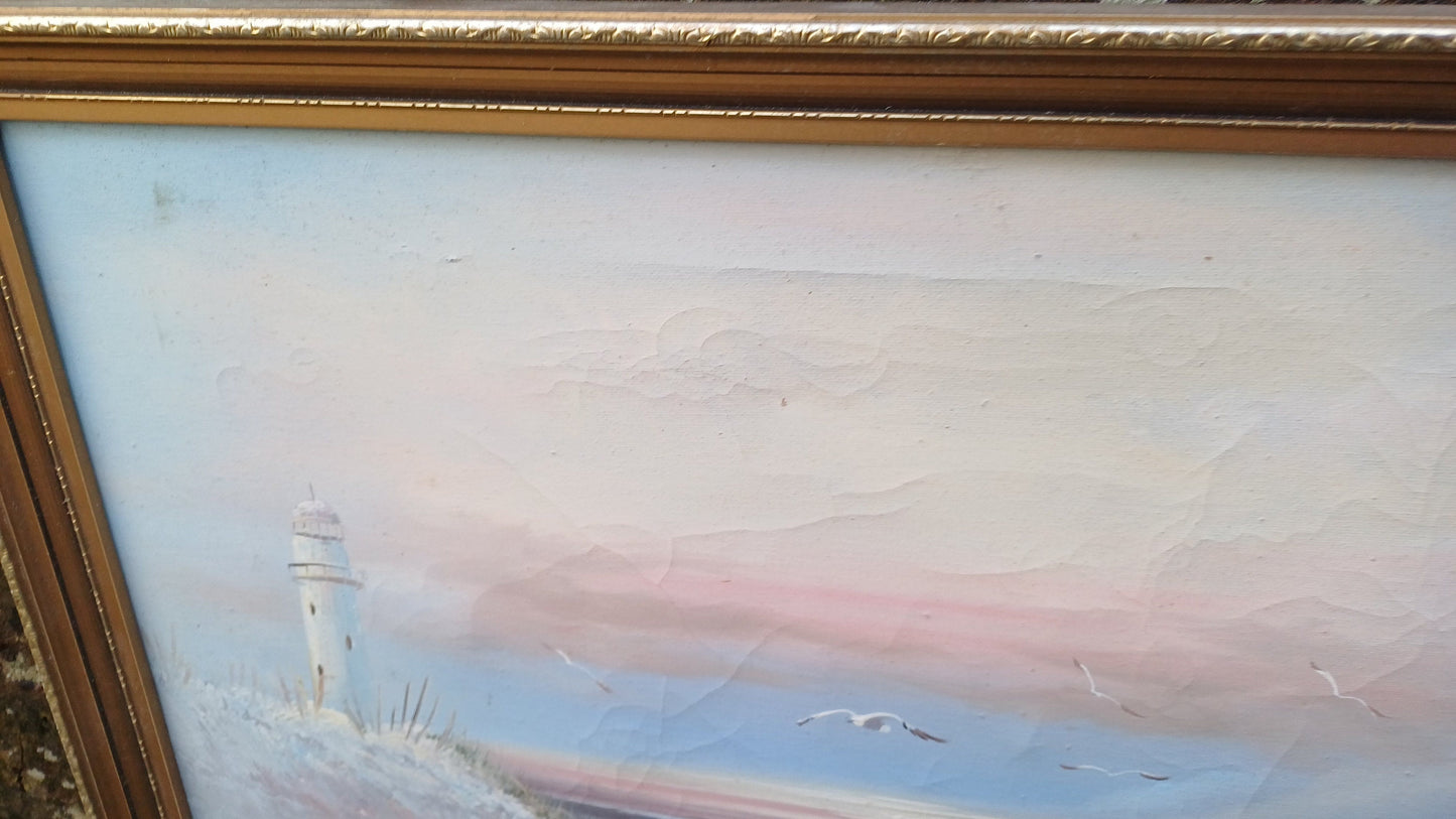 Classic 80s Seascape Vista Lighthouse Oil Painting on Canvas in Gold Frame.