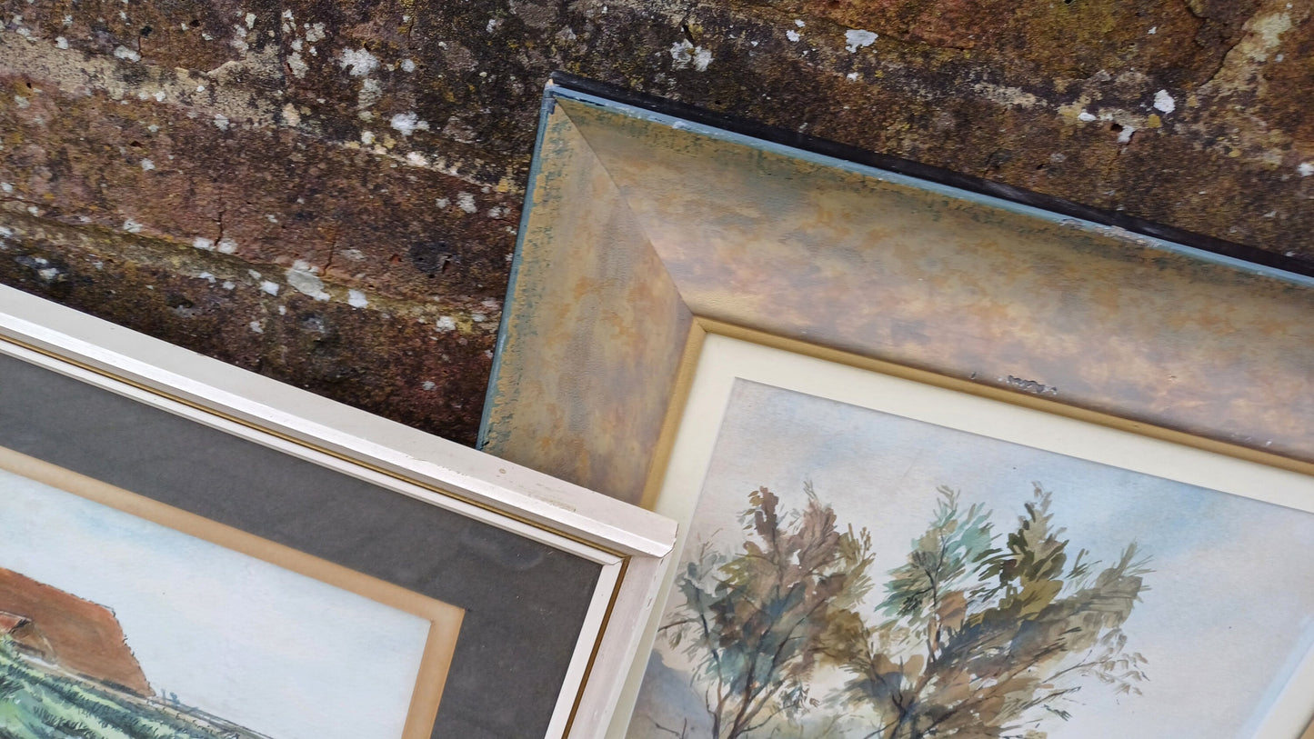 3 Large Vintage Superior Original Watercolours Landscape Countryside Agriculture Theme Picture Frames and Mounts. Salisbury and Sussex.