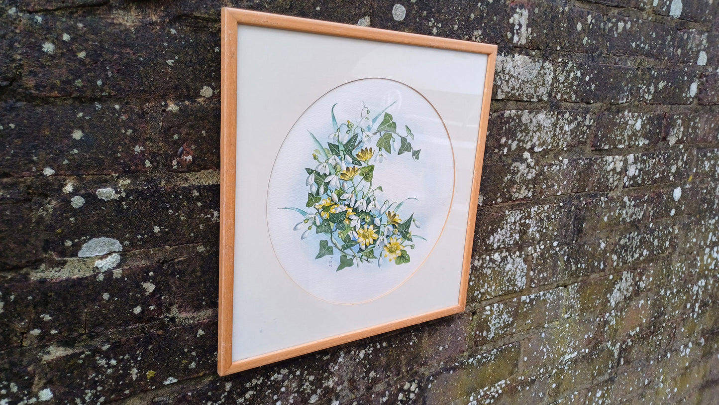 Vintage original watercolour of Snowdrops and Jasmine by J.M.M. - beautiful water colour painting of early Spring flowers in a vintage frame