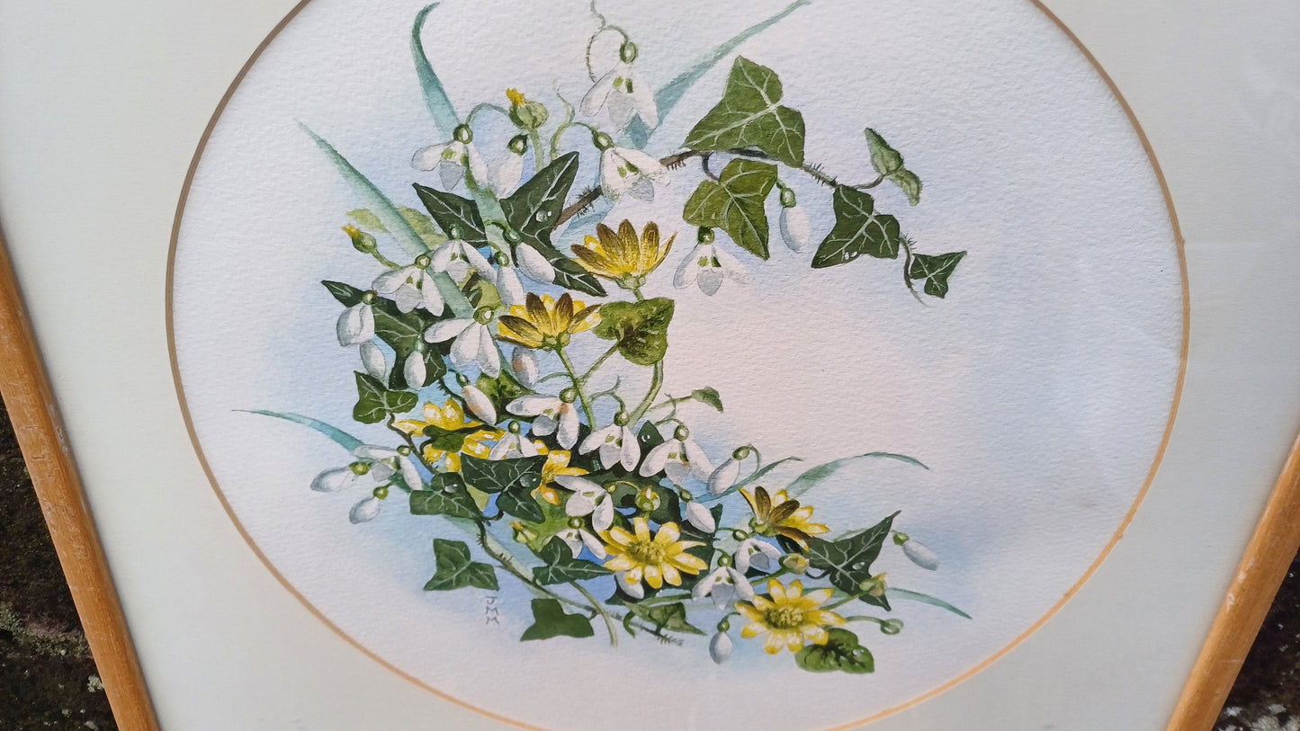 Vintage original watercolour of Snowdrops and Jasmine by J.M.M. - beautiful water colour painting of early Spring flowers in a vintage frame