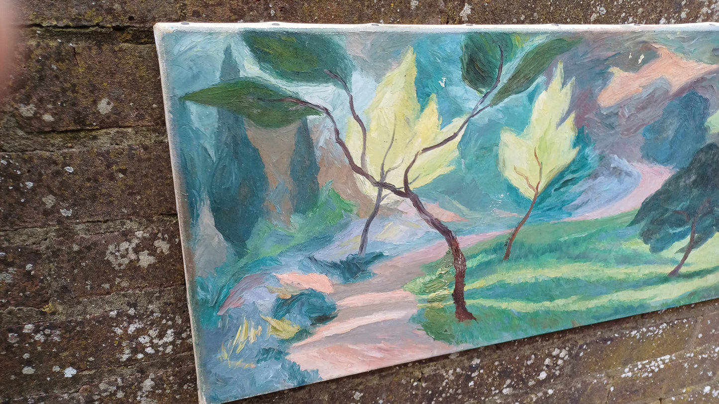 Original vintage oil painting of trees, landscape, naive art