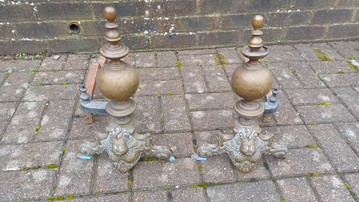 Magnificent Pair Victorian Vintage Brass and Iron Fire Dogs Naked Breasted Lady of the Sea.