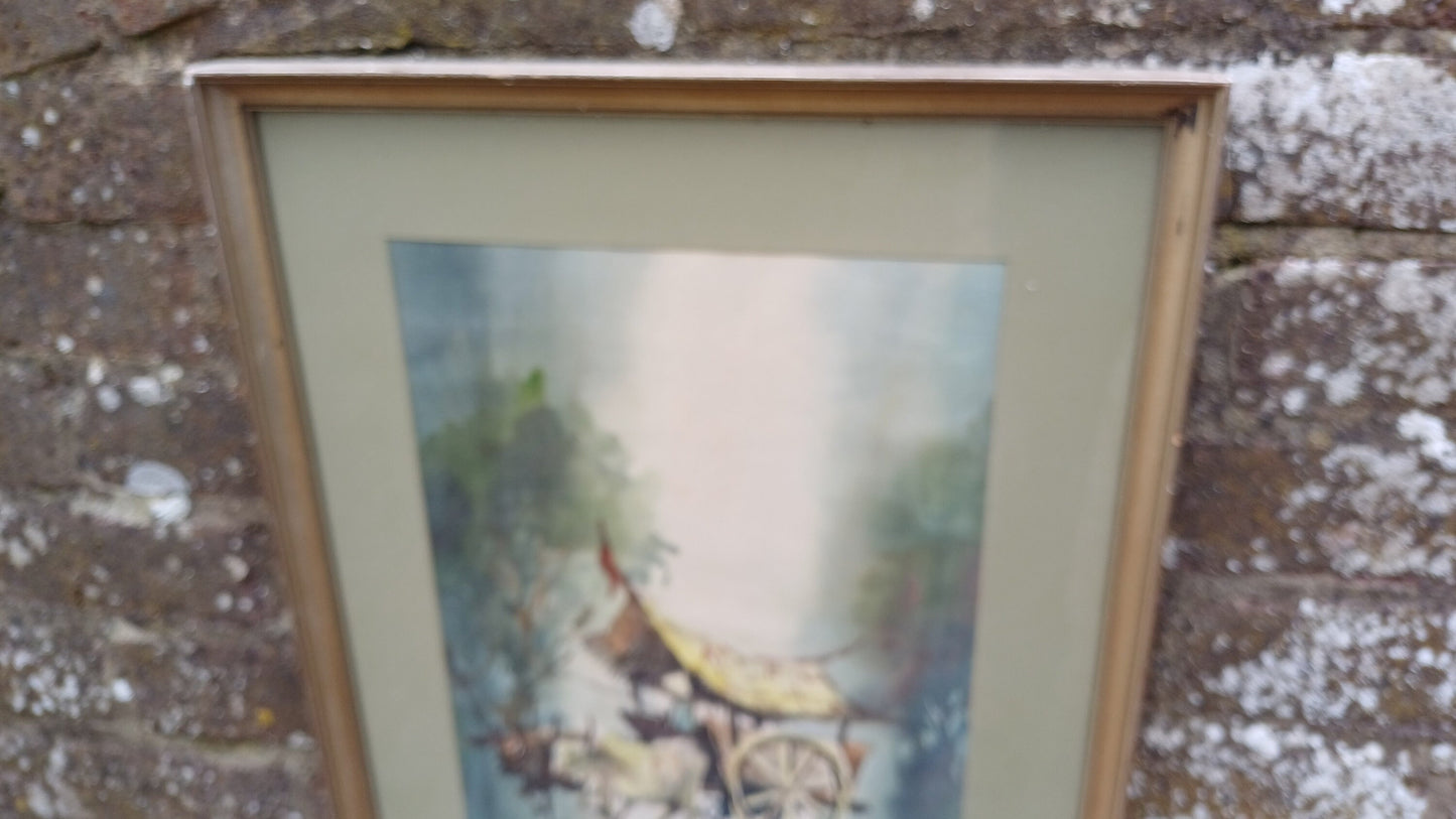 Large Vintage Original Watercolour Malaysia Ox Bullock and Cart Wagon. Hotel in Penang 1976