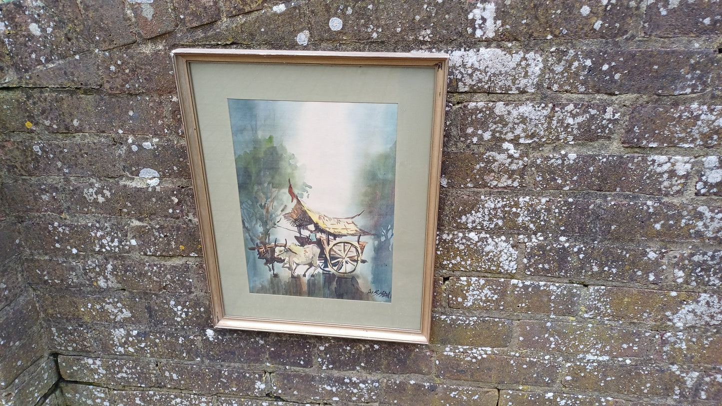 Large Vintage Original Watercolour Malaysia Ox Bullock and Cart Wagon. Hotel in Penang 1976