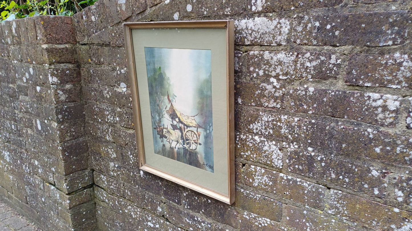 Large Vintage Original Watercolour Malaysia Ox Bullock and Cart Wagon. Hotel in Penang 1976