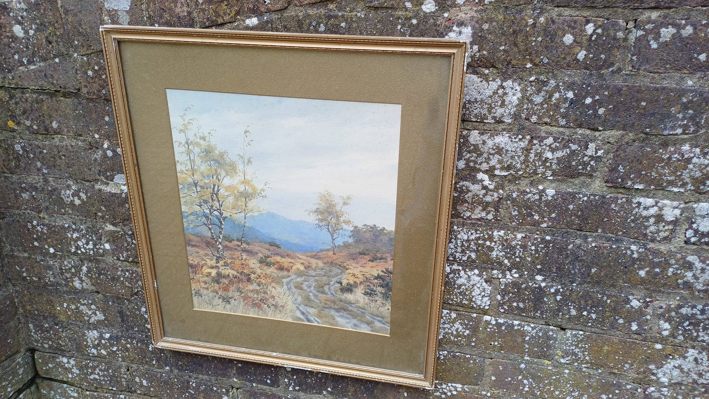 Large Vintage Original Watercolour Painting Landscape Country Highlands or Lake District Maybe Glazed Wooden Frame