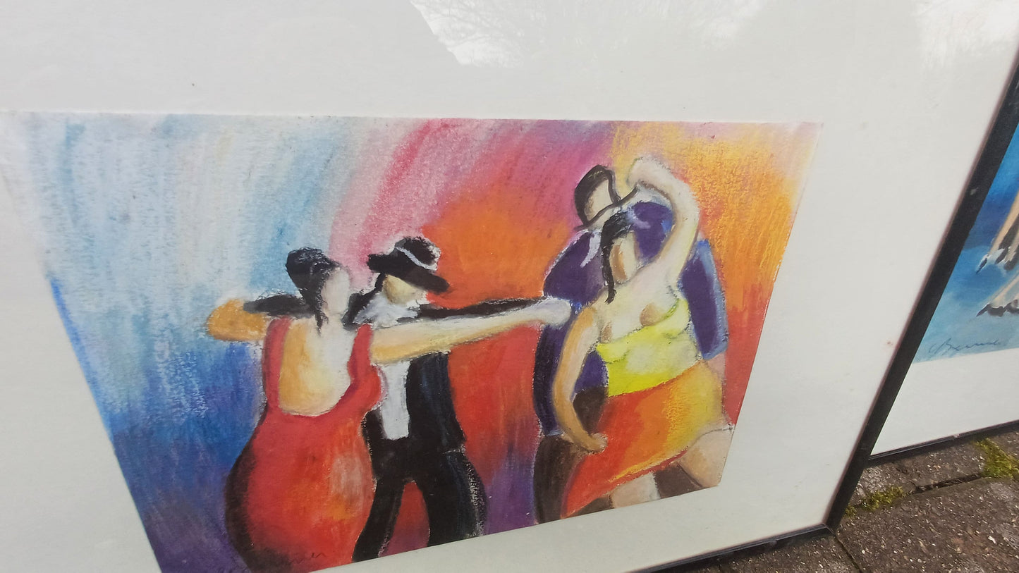 Quirky Spanish Dancers Set of Three Original Signed Pastel Paintings by Corinne Brenner.