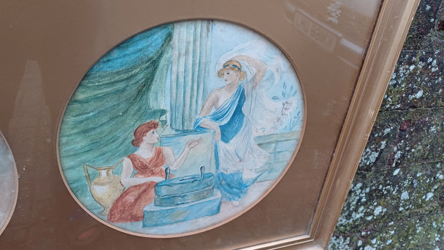 Victorian Vintage watercolour of Gods, Goddesses, Classical Creatures; stunning gold vintage frame with gold mounts