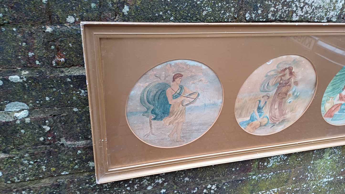 Victorian Vintage watercolour of Gods, Goddesses, Classical Creatures; stunning gold vintage frame with gold mounts
