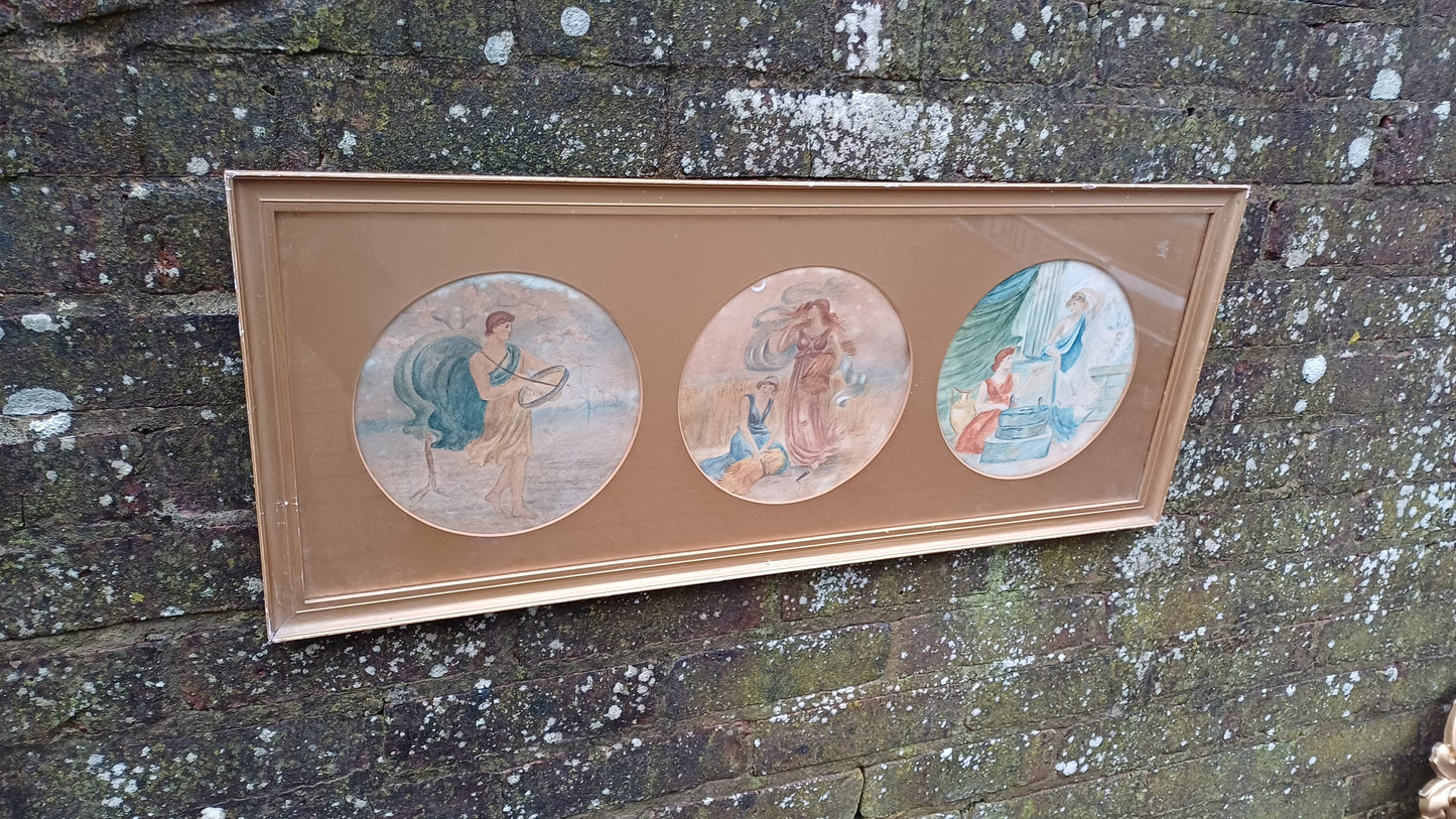 Victorian Vintage watercolour of Gods, Goddesses, Classical Creatures; stunning gold vintage frame with gold mounts