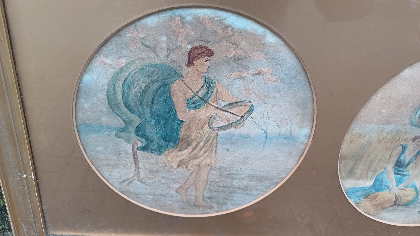 Victorian Vintage watercolour of Gods, Goddesses, Classical Creatures; stunning gold vintage frame with gold mounts