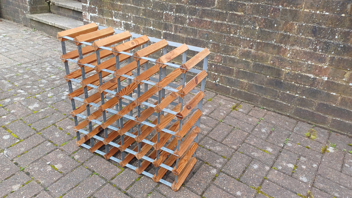 Large Vintage 70s Pine and Zinc Wine Rack Up to 43 Bottles