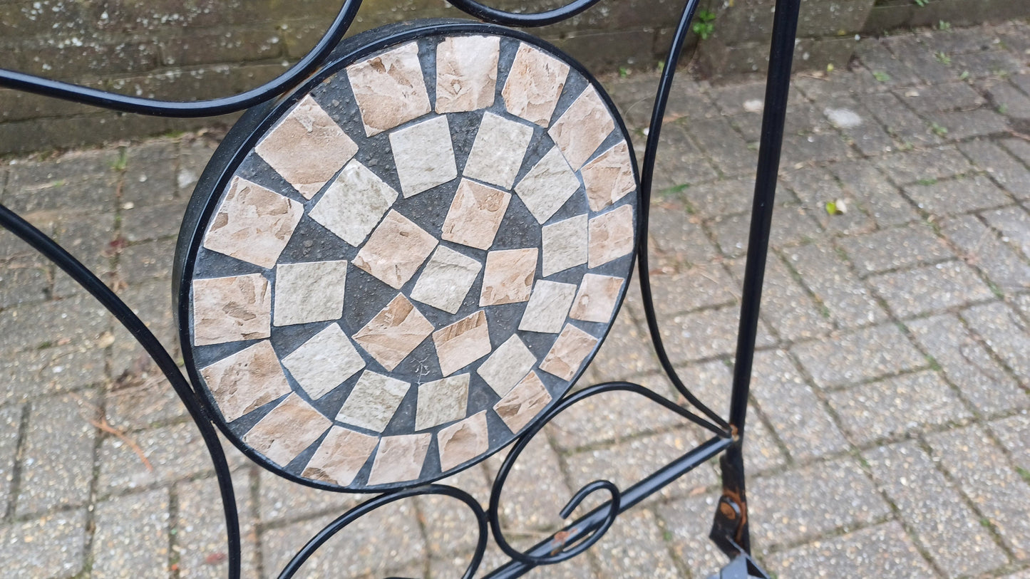 Vintage Folding Heavy Metal Folding Garden Chairs with Bespoke Mosaic Decoration and Lattice Seat.