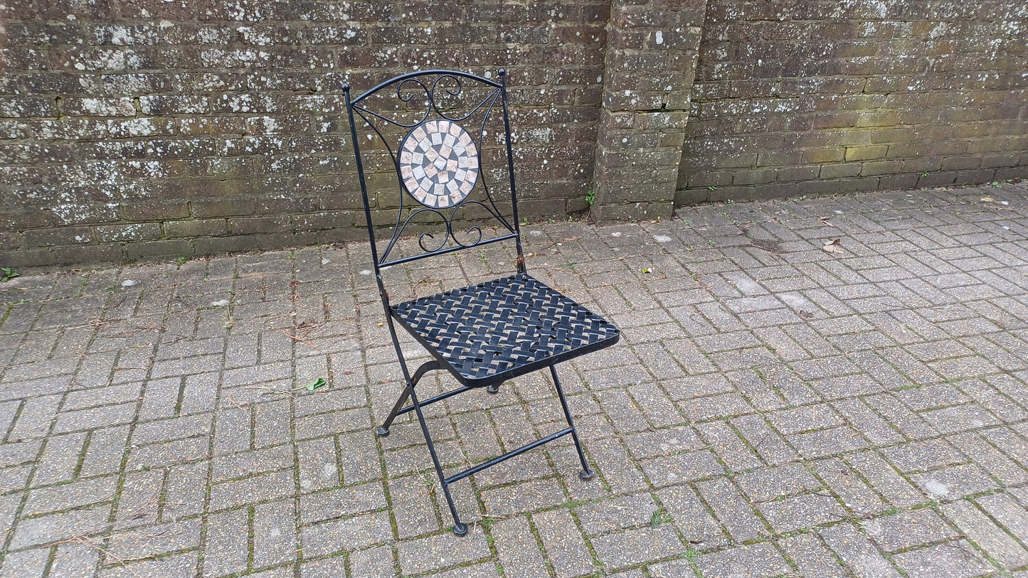 Vintage Folding Heavy Metal Folding Garden Chairs with Bespoke Mosaic Decoration and Lattice Seat.