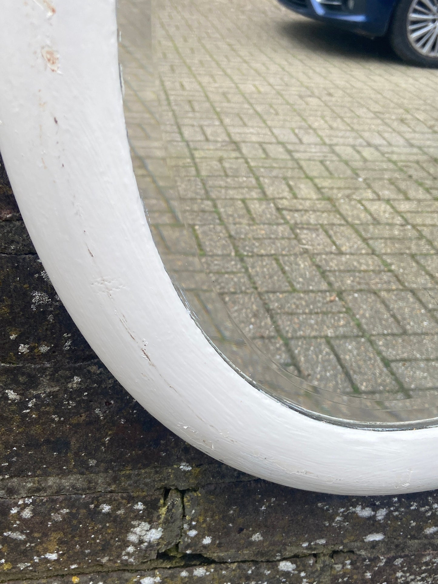 Medium vintage shabby chic oval mirror, bevelled glass, painted frame - heavy vintage, quality mirror, ready to hang