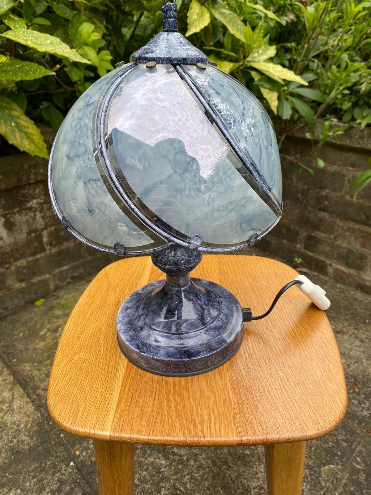 Wonderful vintage grey blue glass shade lamp from 1980s. In excellent condition. Working order.