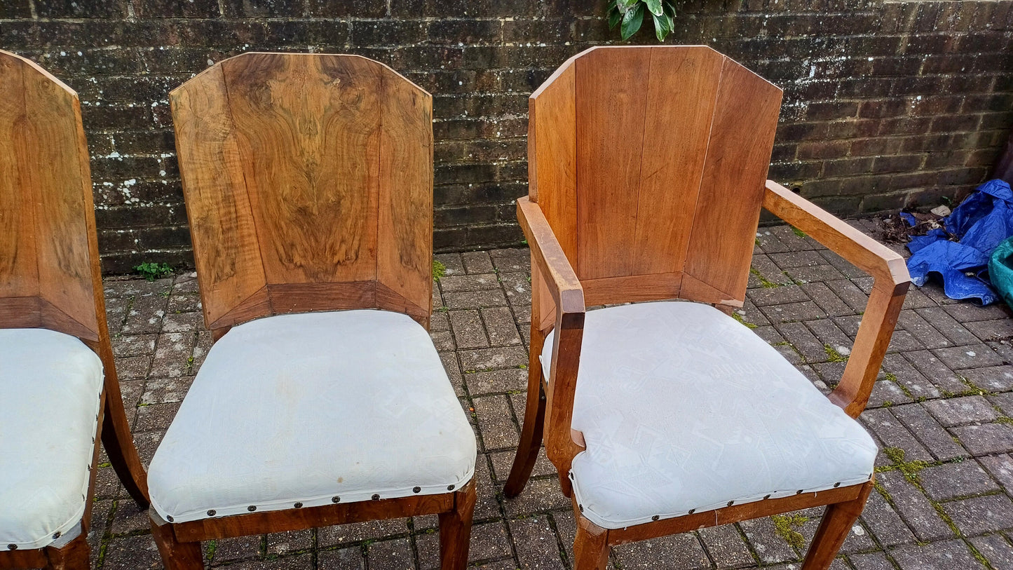Superb Set of 4 Upholstered Walnut Art Deco Dining Kitchen Chairs