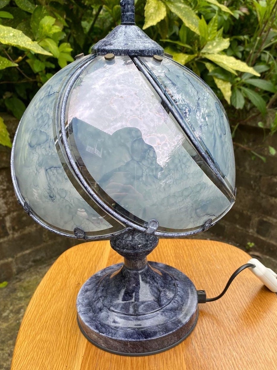 Wonderful vintage grey blue glass shade lamp from 1980s. In excellent condition. Working order.