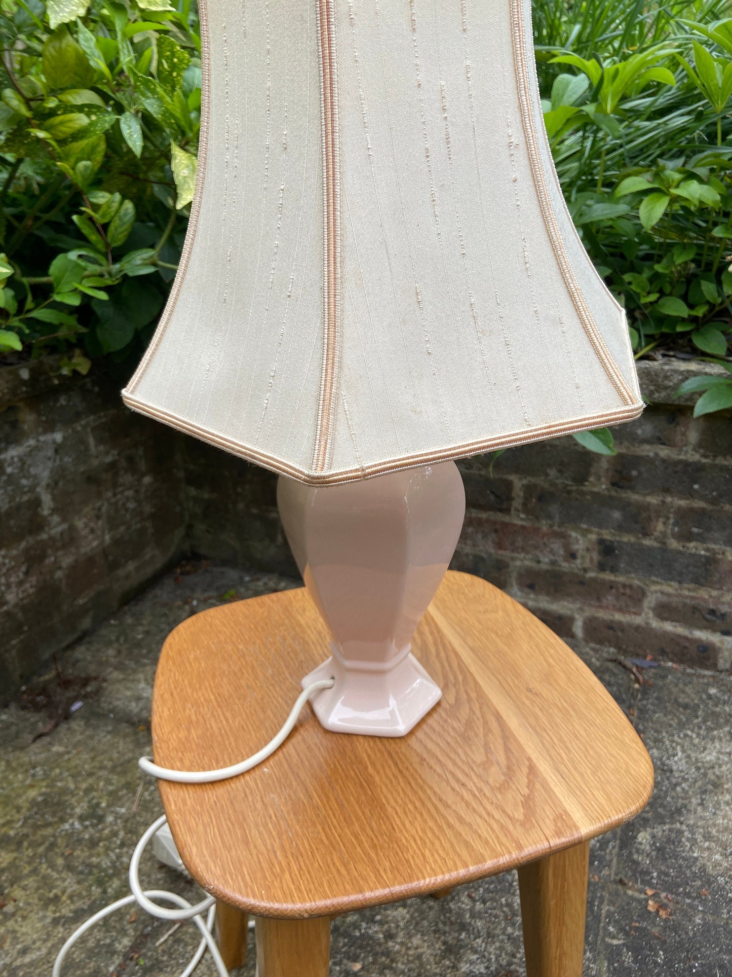 Vintage Baby Pink Pastel Pink St Michael’s ceramic glazed lamp base with vintage pink shade, table lamp, working vintage lamp