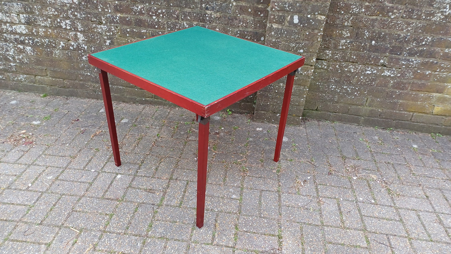 Vintage Wooden Card Jigsaw Games Table Fold-up Green Baize. Painted Red.
