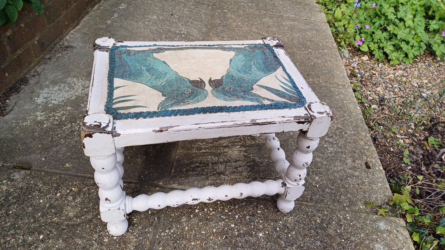Vintage Painted Shabby Chic White Stool with Parrot Decoration Motif