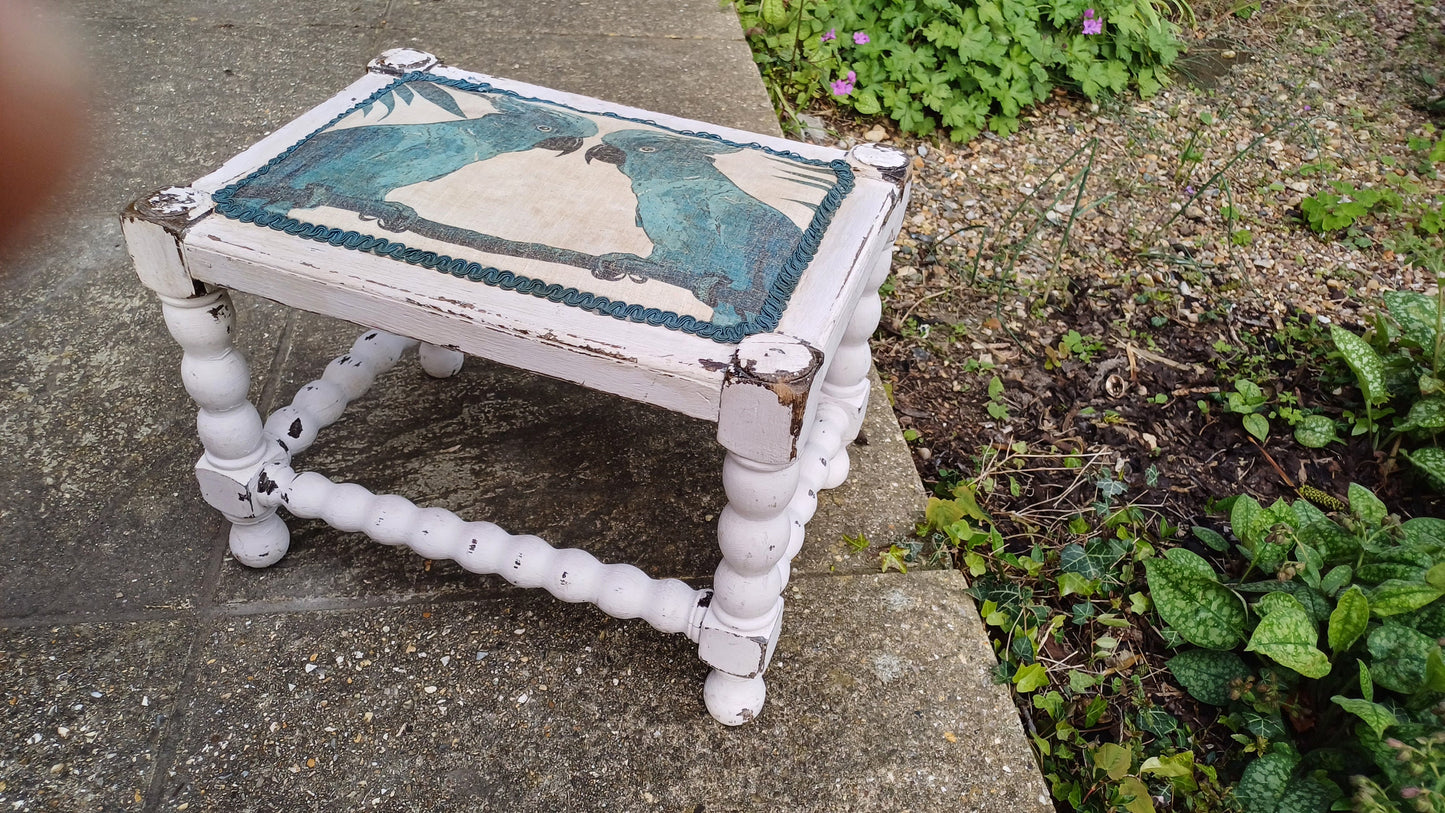 Vintage Painted Shabby Chic White Stool with Parrot Decoration Motif