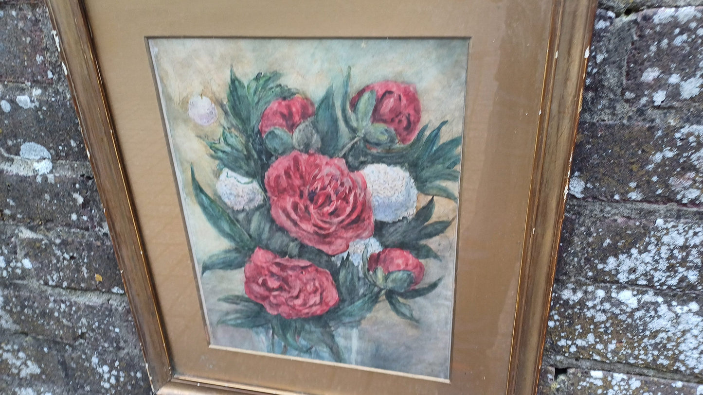 Vintage Original Watercolour and Pen Still Life In Gold Frame Red and White Flower.