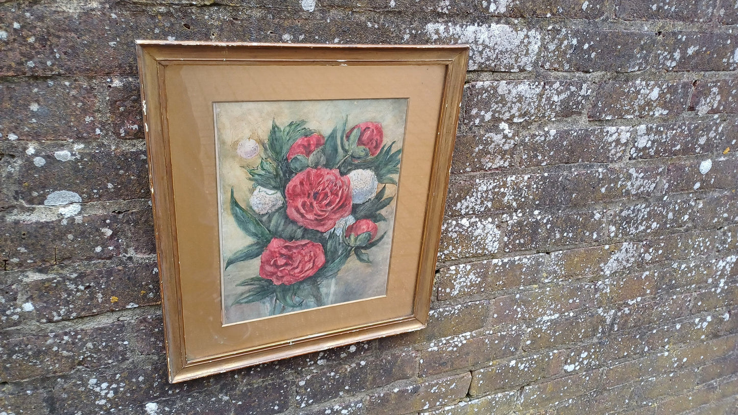 Vintage Original Watercolour and Pen Still Life In Gold Frame Red and White Flower.