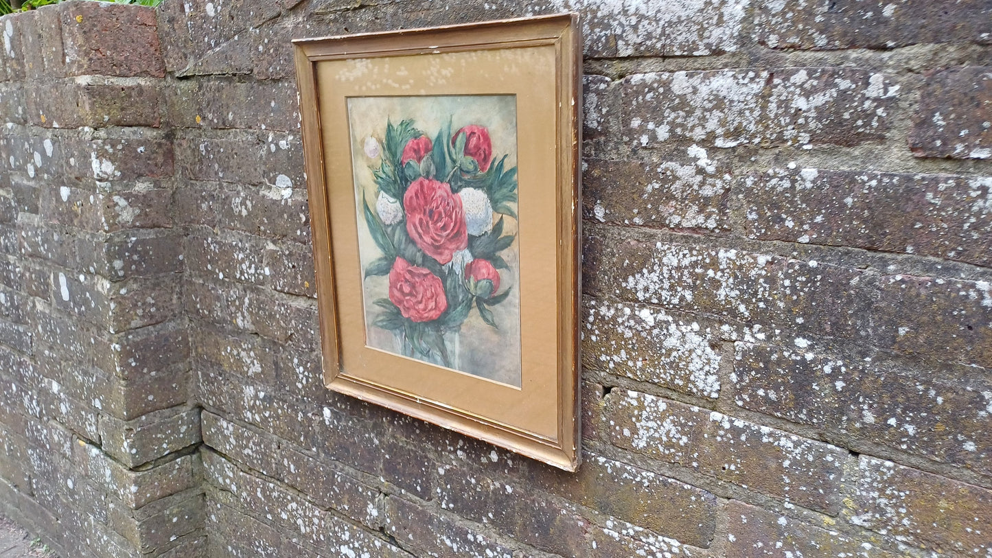 Vintage Original Watercolour and Pen Still Life In Gold Frame Red and White Flower.