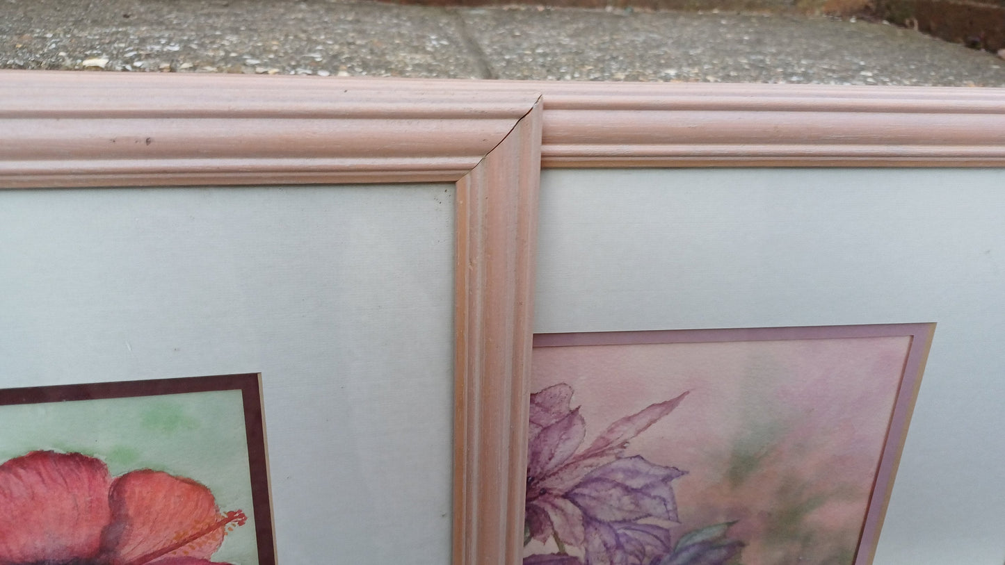 Stunning Pair of Original 1994 Watercolours Flower Floral Still Life Pink Frames Double Mounts. Professionally Framed. Pink Hues.