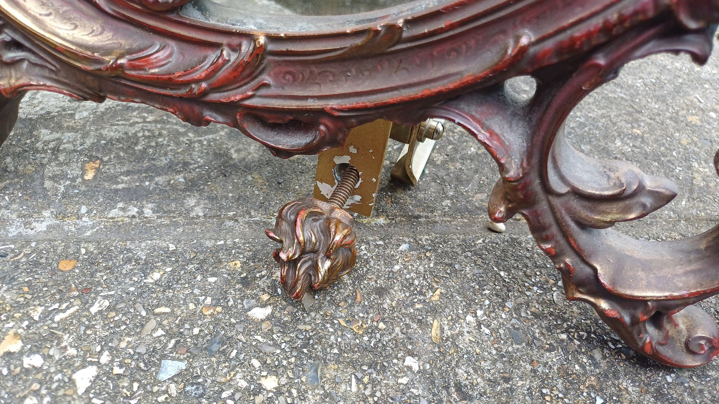Vintage 80s Brass Metal Gold and Red Adjustable Dressing Table Triple Mirror