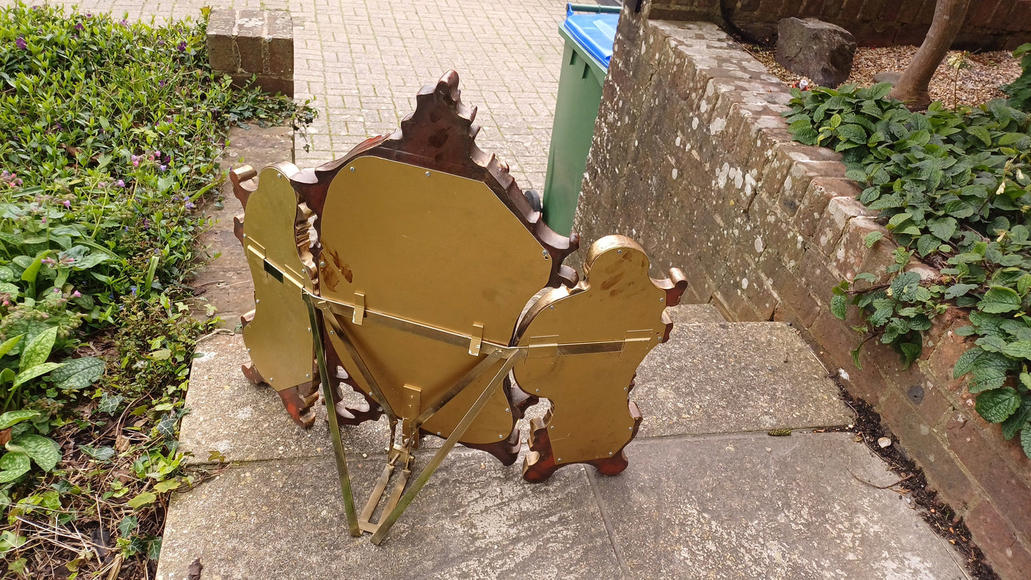 Vintage 80s Brass Metal Gold and Red Adjustable Dressing Table Triple Mirror