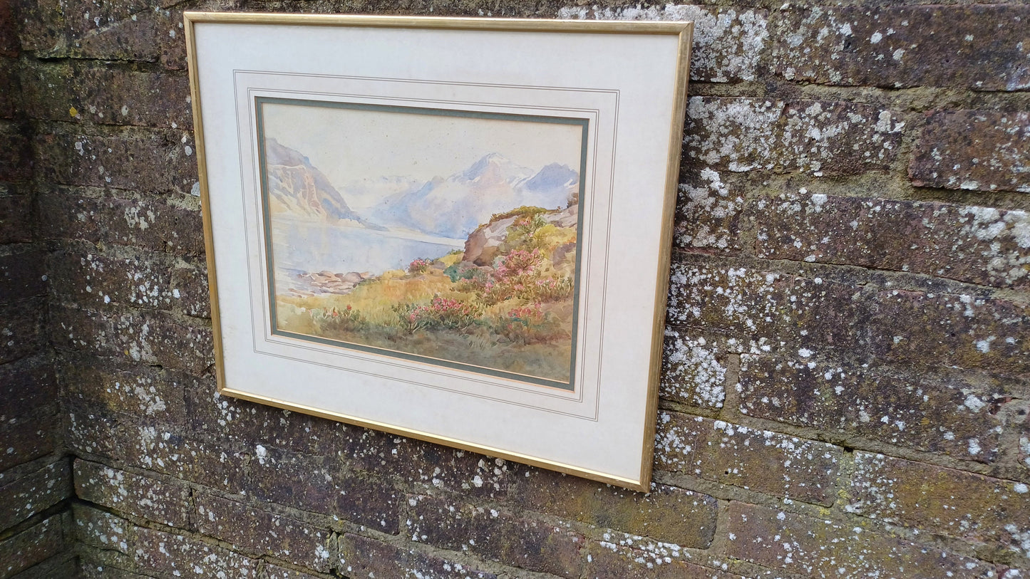 Large Top Quality Vintage Late Victorian Landscape Watercolour. Loch Scotland Vista Superb Detail