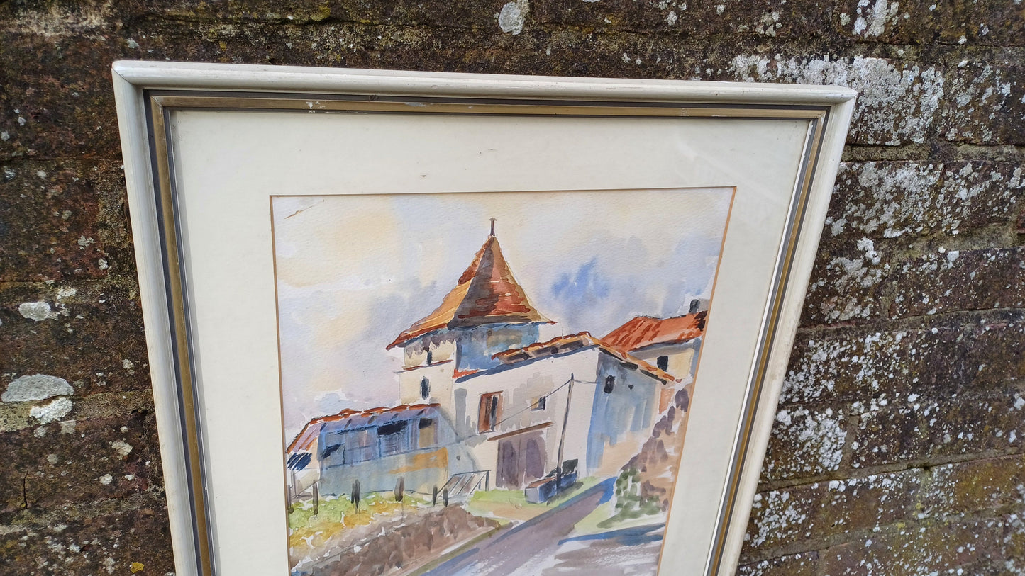 Superb Large Vintage Original Watercolour Church Landscape France