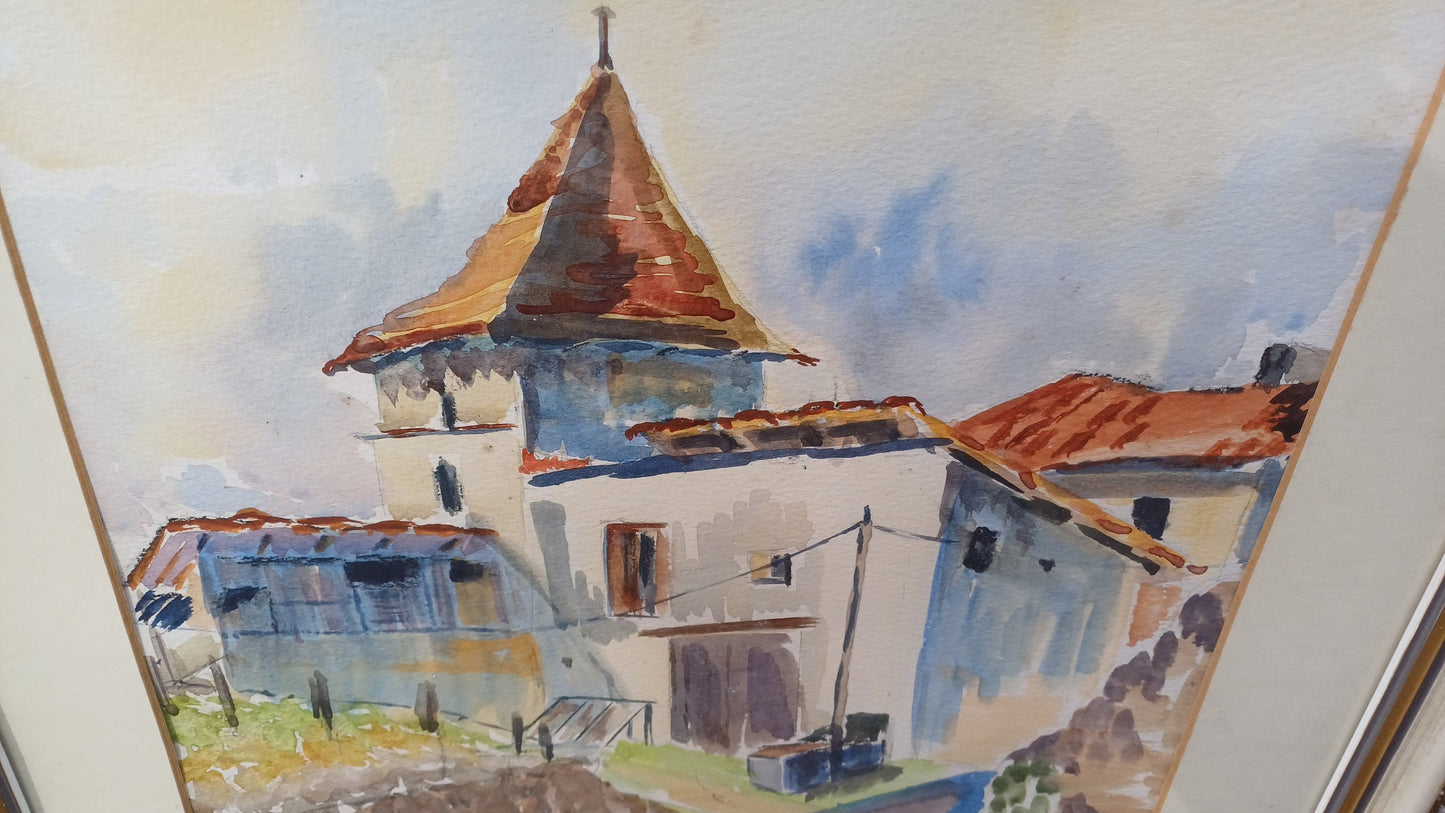 Superb Large Vintage Original Watercolour Church Landscape France