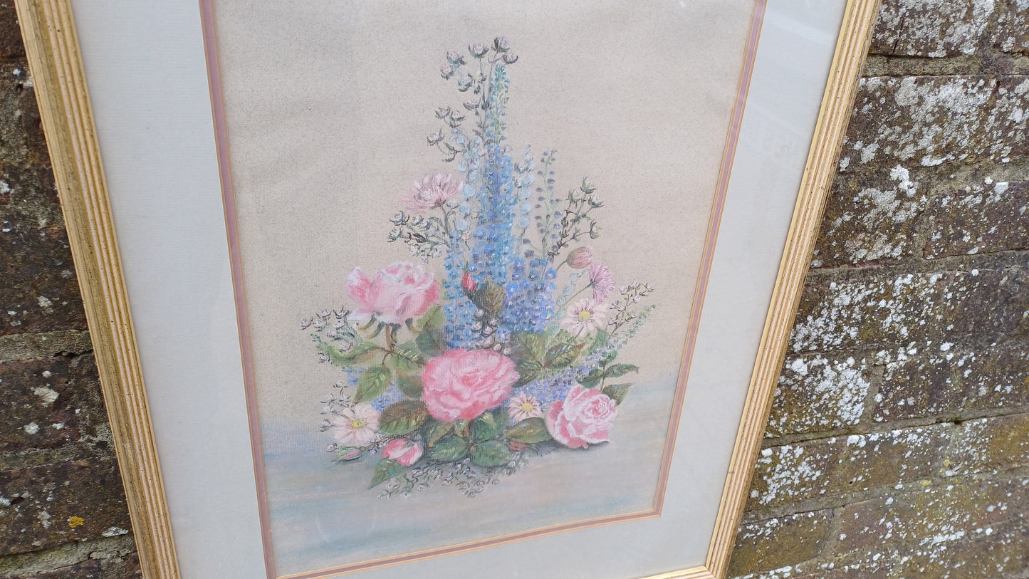 Beautiful Large Vintage 90s Original Still Life Pastel ‘Rose and Delphiniums’