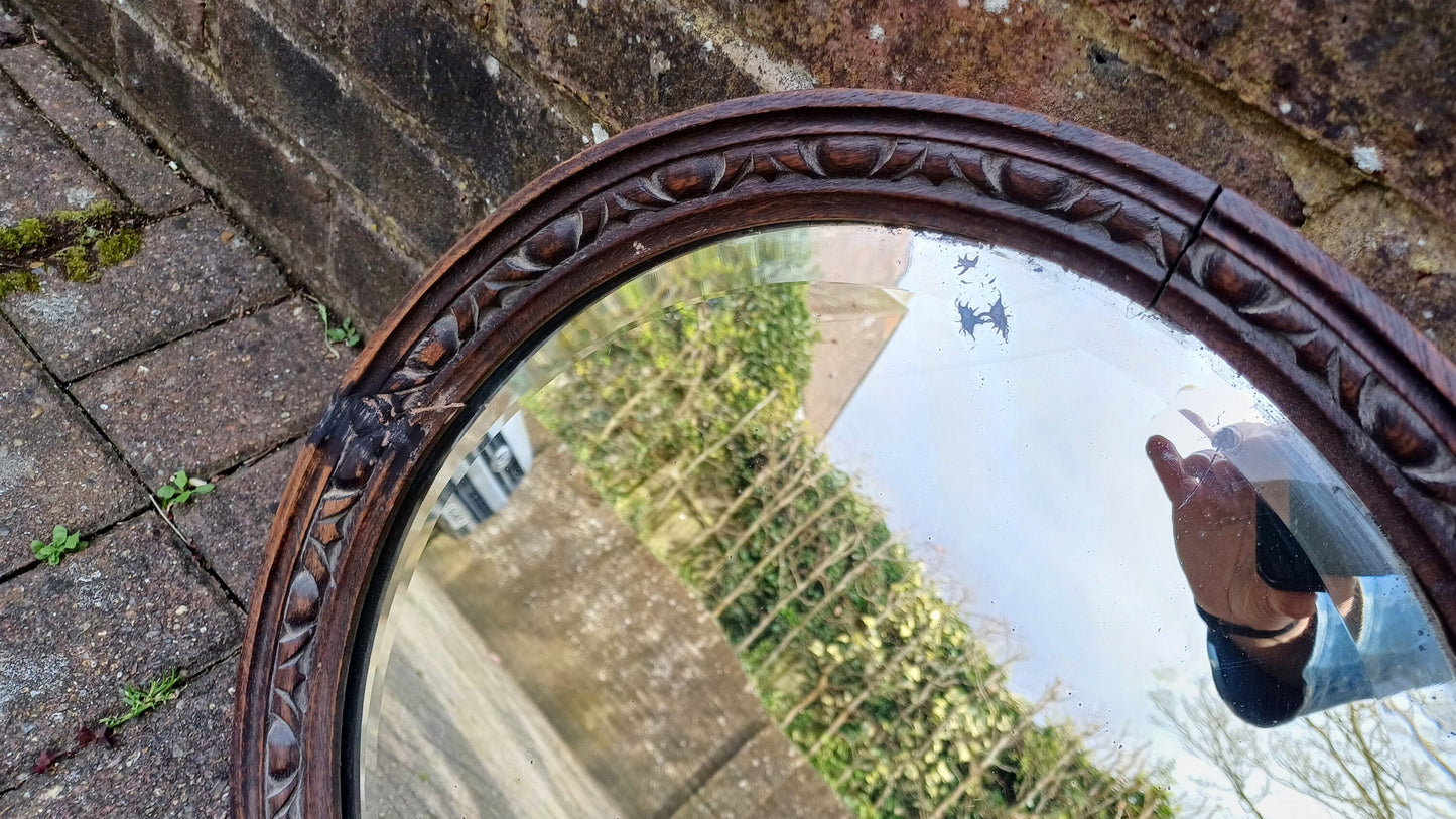 Very Vintage Round Carved Oak Wall Mirror. Age Worn.