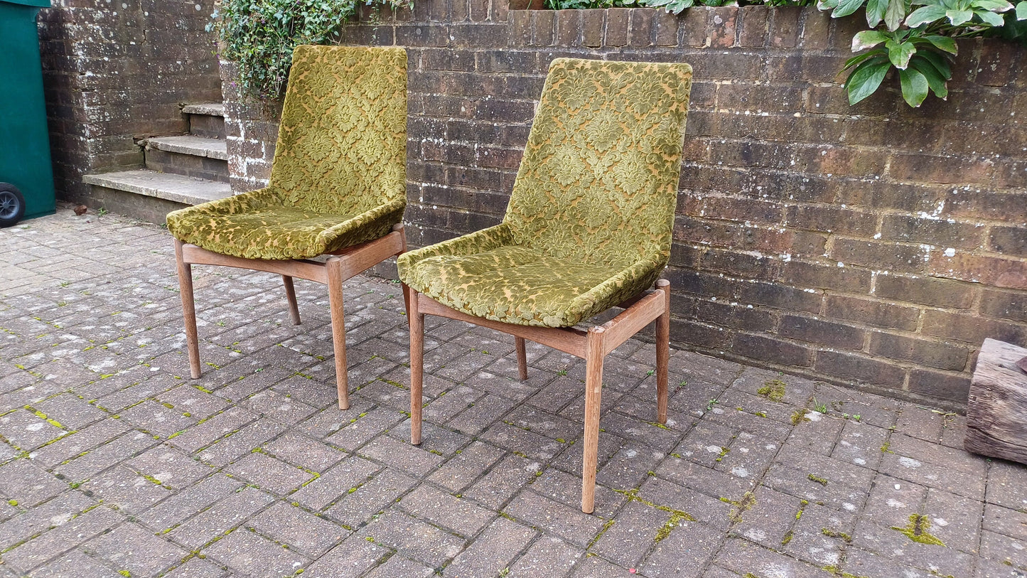 Pair of Quirky Vintage Retro Teak Chairs with Bold Upholstered Coverings Brocade Raised Motif