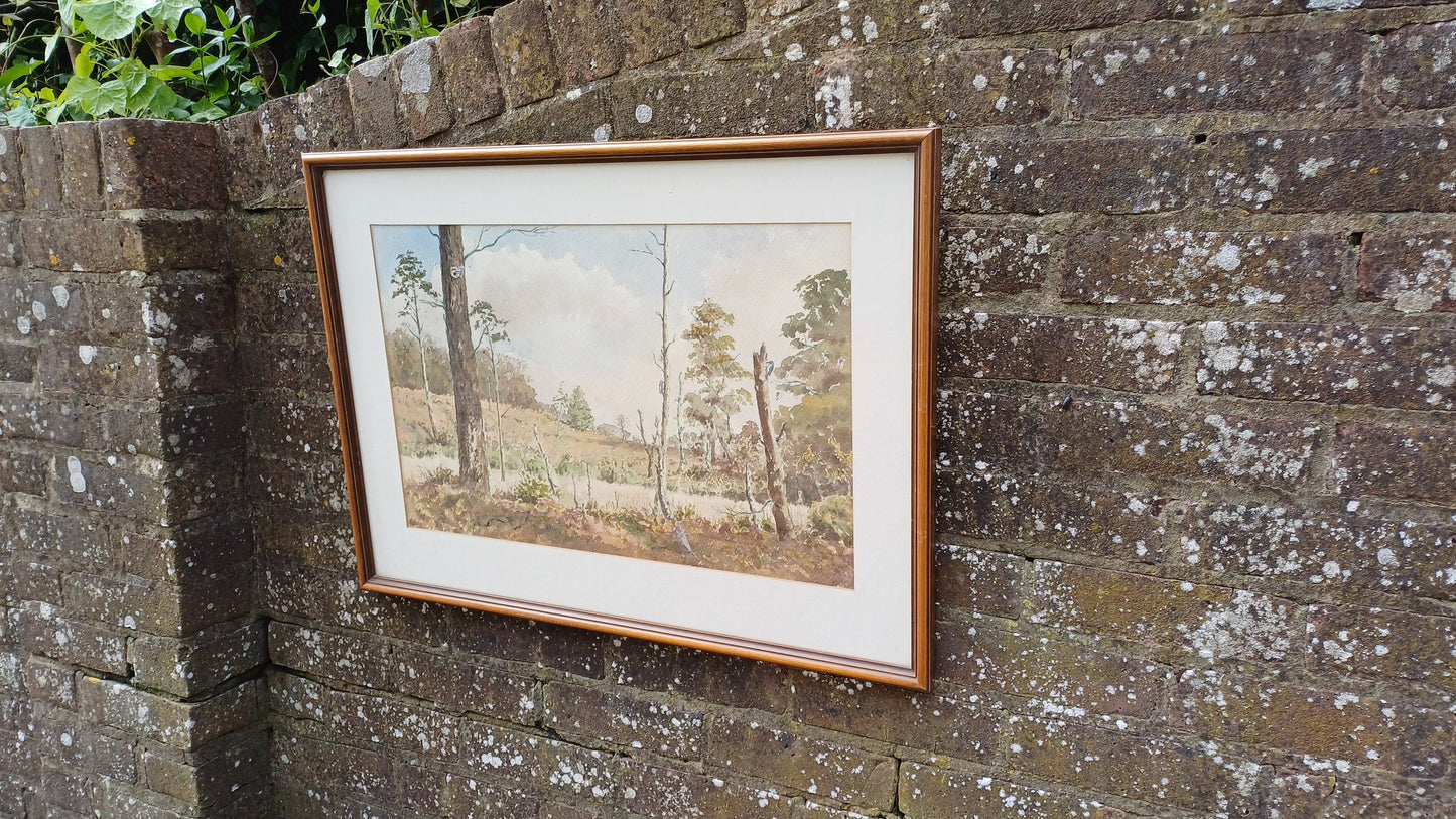 Large original vintage watercolour of a country scene, woodland, moorland, forest - Ashdown Forest possibly, cuckoos, mounted, glazed framed