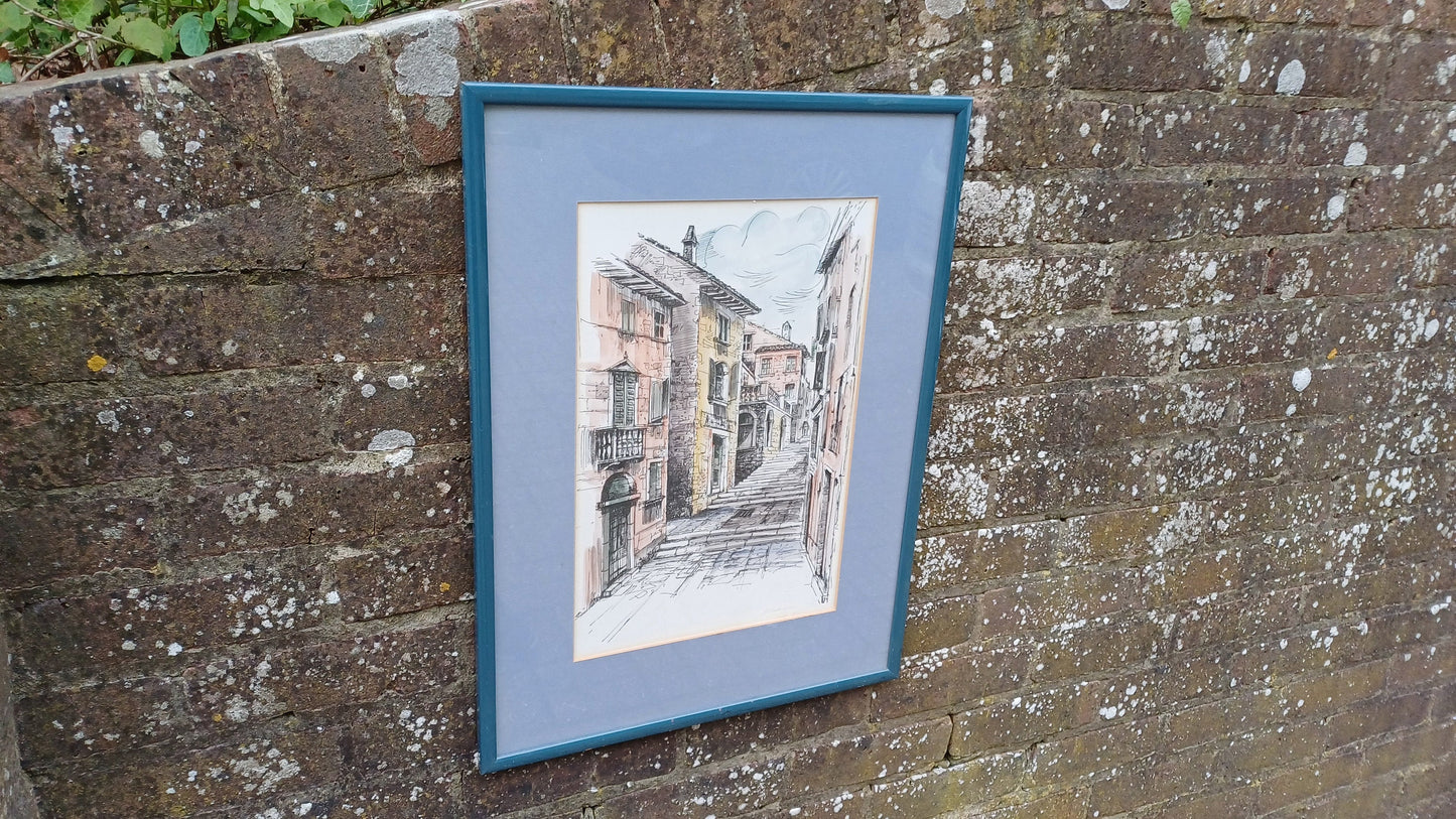 Original 1980s ink drawing and watercolour of Hvar, Croatia street scene - accomplished - framed in vintage blue wooden frame